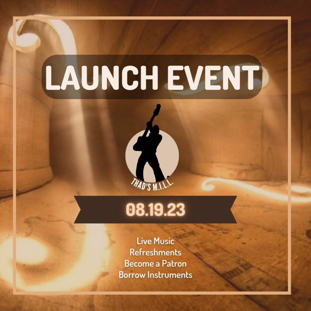 Invitation to Thad's M.I.L.L Launch Event on August 19, 2023 at the Leduc Arts Foundry